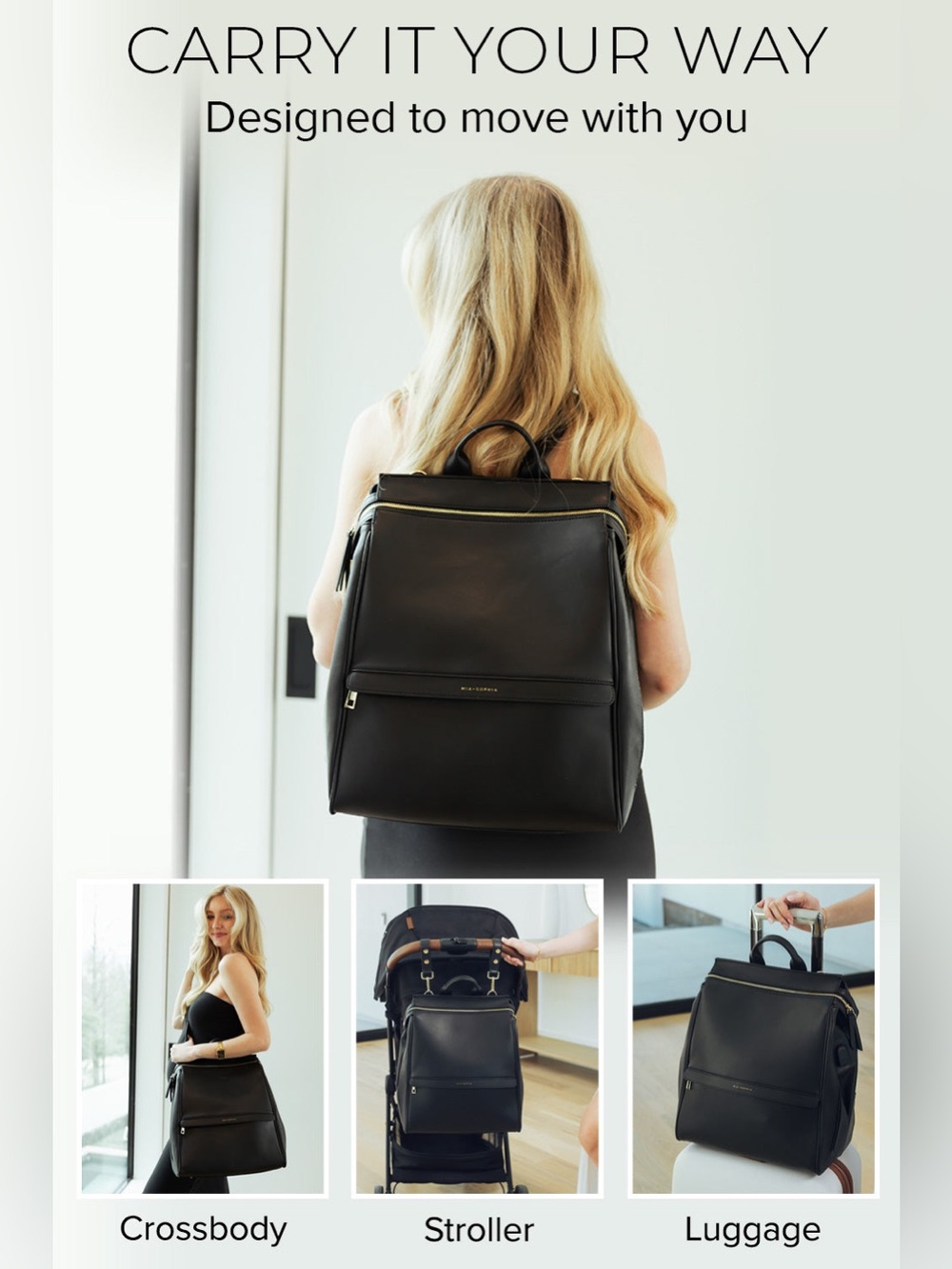 Mia + Sophia Black Faux Leather Diaper Bag Classic Minimalist Cute Baby Chic Bag